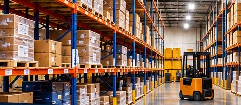 Pallet racking aisle with a forklift inside the warehouse